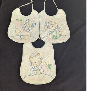 3 MCM Vintage Hand Made Embroidered Baby Bibs Anthropomorphic Animals & Fruits